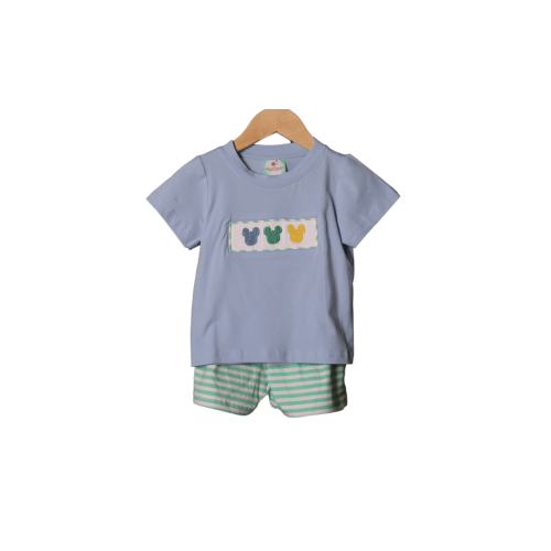 Smocked Mouse Mint/Blue Striped Short Set