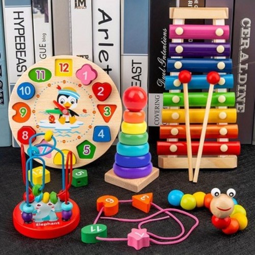5-in-1Wooden Baby Intellectual Development Toys, Birthday gift, Early Learning Educational Montessori Toys for 3-years and plus Boys and Girls