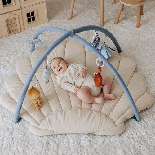 Blissful Diary Shell Baby Play Gym Mat, Softer & Enlarged Tummy Time Mat w 6 Detachable Toys for Sensory & Motor Skill Development, Activity Mat for Newborn Essentials Shower Gift, Boho Ocean Theme - Boho Seashell Gym