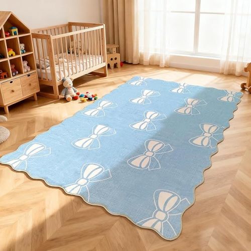 Blue Bow Area Rug for Living Room, 4X6 Soft Non Slip Low Pile Solid Rugs for Girls Bedroom, Cute Machine Washable Bowknot Area Rugs for Dorm Rooms Playroom, Bow Carpet Room Decor