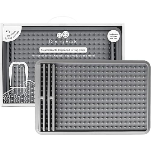 ezpz Drying Rack (Gray) - Silicone Dish Drying Rack with Suction Base - Adjustable Pegs - Odor-Resistant - Dry + Store Baby/Toddler Gear