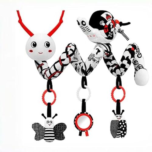 Car Seat Toys for Babies, 0-6 Months Stroller Activity Black White Baby Spiral Plush Toys Newborn High Contrast Sensory Carseat Toys with 4 Pendants Hanging Boys Girls Gift