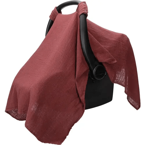 Muslin Cotton Baby Car Seat Cover, Universal Fit Carseat Canopy Covers for babies, Girls and Boys by Comfy Cubs (Wine)