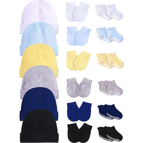 Baby Hats Mittens and Socks Set Unisex Cotton Beanie Cap and Scratch Mitten Non-Slip Baby Ankle Socks for Boys and Girls