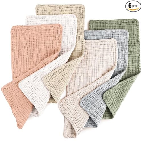 Konssy Muslin Baby Burp Cloths 6 Pack, Soft Absorbent 100% Cotton Burping Clothes for Newborns, Baby Boys and Girls, Unisex