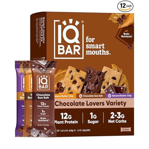 IQBAR Brain and Body Plant Protein Bars - Chocolate Lovers Variety - 12-Count Low Carb - Gluten Free, High Fiber, Vegan Snacks - Low Sugar Meal Replacement