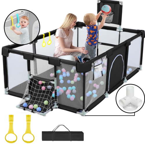 HioHa Large Baby Playpen, Big Playard with Basketball Hoop, Portable Play Yard Baby Fences with Storage Bag for Infant Toddler