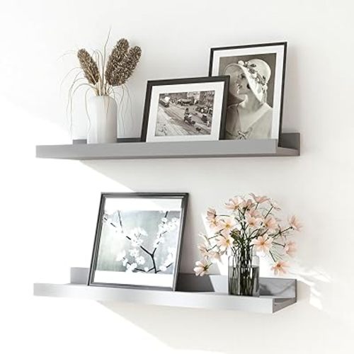 Floating Shelves for Wall Decor, Wall Mounted Wood Storage Shelf for Bedroom, Living Room, Bathroom, Kitchen, Nursery, Display Picture Ledge Shelf with Lip Set of 2-16 Inches, Grey