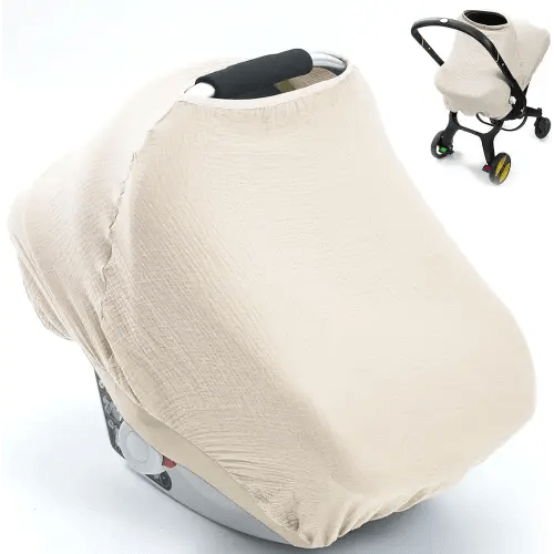 2-Layer Muslin Car Seat Cover Baby, Infant Car Seat Cover for Boys Girls, Summer Carseat Cover Protect from Sun/Hot Days, Privacy Nursing Cover for Breastfeeding