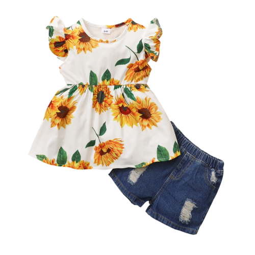 KIMI BEAR Infant Baby Girls Dresses Outfits 18 Months Infant Girls Summer Clothes 24 Months Girls Sunflower Fly Sleeve T-shirt Denim Shorts 2PCs Set, Yellow