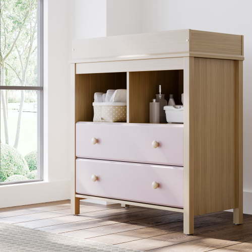 Storkcraft Alpine 2-Drawer Infant Changing Table Dresser, Driftwood with Blush