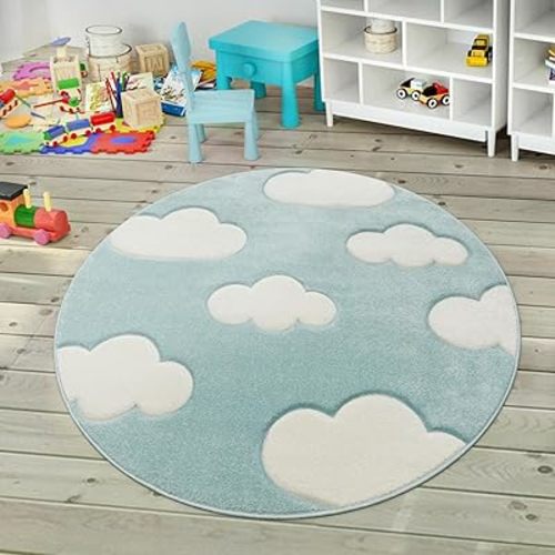 Modern Kids Rug with Clouds in Blue Pastel for Nursery, Size: 3'11" Round
