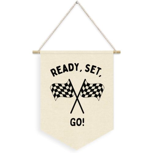 Race Car Room Decor for Boys Linen Pennant Banner - Ready Set Go Racing Pennant Flag Banner Wall Hanging Decor for Car Room Decor for Boys Playroom Nursery