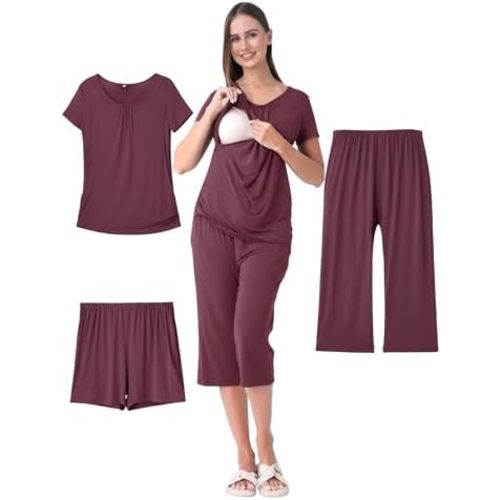 3 Piece Nursing Pajamas Set for Women Breastfeeding Shirts Pjs Summer Postpartum Shorts&Capri Pants Pockets