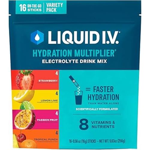 Liquid I.V.® Hydration Multiplier - Variety Pack - Lemon Lime, Passion Fruit, Strawberry, Tropical Punch | Electrolyte Powder Drink Mix | 1 Pack (16 Servings)