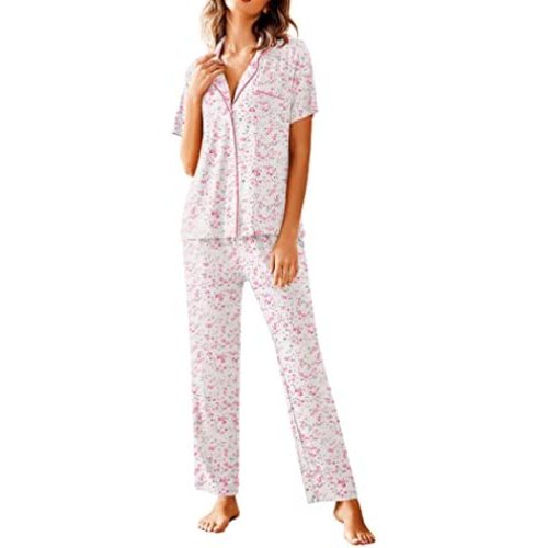Avidlove Women Pajamas Set Notch Collar Soft Sleepwear Pjs Short Sleeve Button Down Nightwear with Long Pants