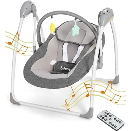 INFANS Baby Swing for Infants, Compact Portable Baby Electric Rocker for Newborn with 5 Speed Natural Sway Music Timing 2 Toys Remote Control, Easy Fold, 0-6 Months Boy G (Grey)