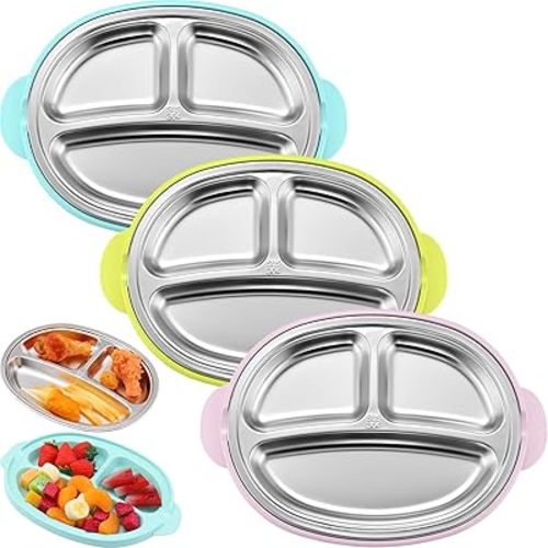 Nuogo 3 Packs Stainless Steel Kids Plates 3 Sections 304 Stainless Steel Dinner Metal Divided Plates with Anti-scalding Plastic Base Unbreakable Dishwasher Safe 8.5" w x 6.6" h x 1" d