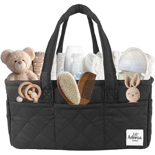 Adonia & Co Diaper Caddy Organizer – Large Nursery Storage Basket for Newborn Essentials – Portable & Machine Washable (Black)