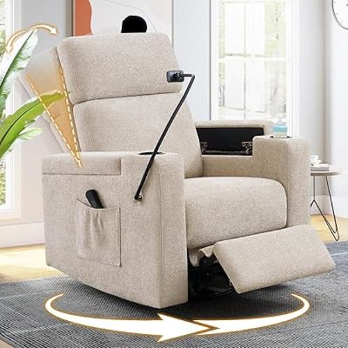 ABCASA Power Recliner Rocking Chair Nursery Glider, Swivel Reclining Nursery Rockers for Baby Room & Living Room, Chenille Chair with Phone Holder, USB/Type-C Ports, Arm Storage, Light Brown