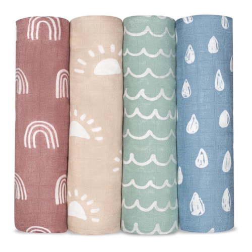 Comfy Cubs Muslin Swaddle Blankets - Neutral Receiving Blanket, Wrap for Boys & Girls (Sun, Rainbow, Rain, Doodle)