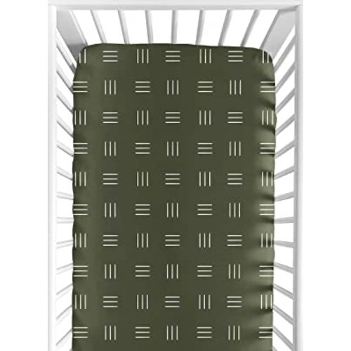 Sweet Jojo Designs Hunter Green Boho Mudcloth Boy or Girl Fitted Crib Sheet Baby or Toddler Bed Nursery - White Bohemian Woodland Tribal Southwest Mud Cloth Hatch Gender Neutral Triple Line