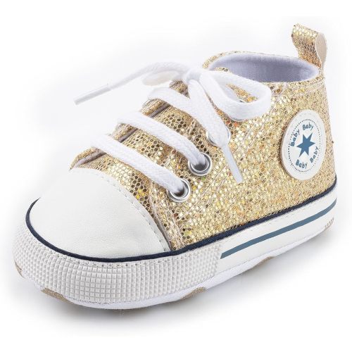KKIIDDSS Unisex Baby Girls Boys Canvas High-top Shoes, Newborn Infant Anti-Slip Soft Sole Frist Walking Sneakers (B02/Sequin Gold,6-12 Months)