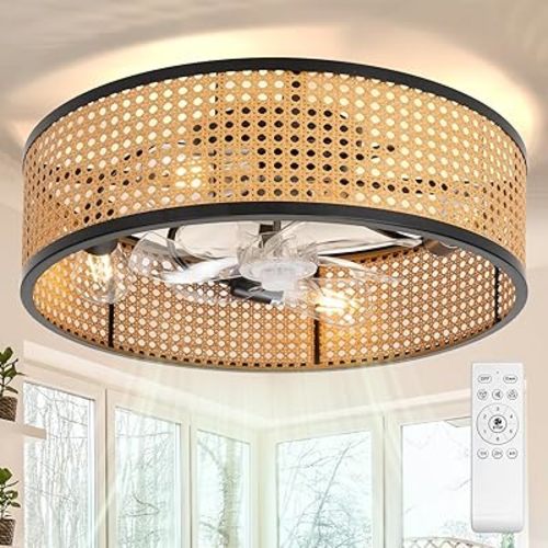 Boho Style Rattan Fandelier, 20" Flush Mount Ceiling Fan with Light & Remote Control, Drum Shade, Bladeless/Quiet Motor/Low Profile, for Kitchen Bedroom Living Room (Black & Rattan)