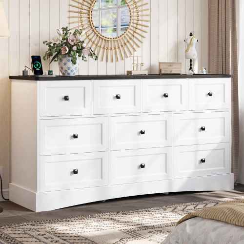 Hasuit | 55.2 Inch Dresser with 10 Drawers and Charging Station Farmhouse Long Drawer Dresser Wooden Storage Tower Organizer for Bedroom Closet