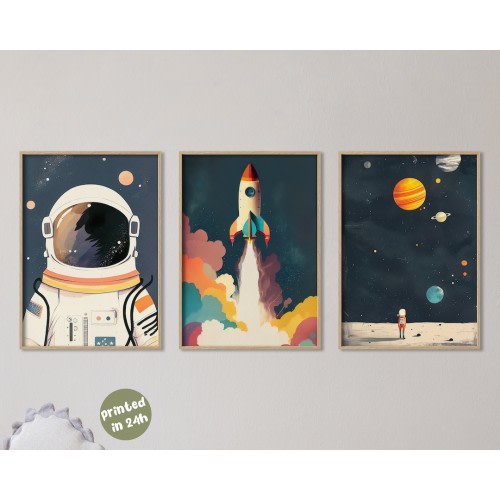 Set of 3 Space Adventure Nursery Art Prints |  Astronaut Rocketship and Distant Galaxy Wall Prints for Children&#39;s Room Decor | Planets