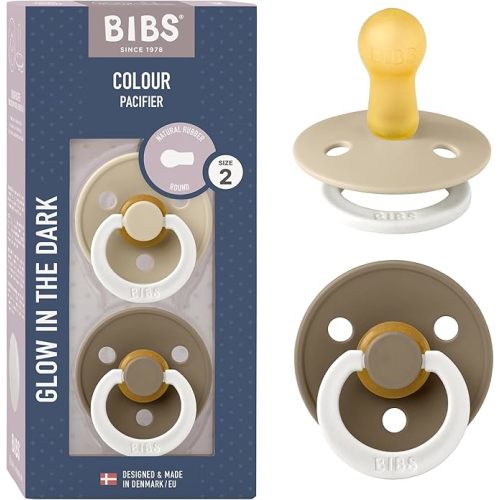 BIBS Colour Glow Pacifiers | Set of 2 BPA-Free Latex Baby Pacifiers | Round Nipple | Made in Denmark