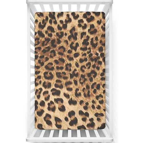 Leopard Print Themed Fitted Mini Crib Sheets,Portable Mini Crib Sheets Soft and Breathable Bed Sheets -Crib Mattress Sheet or Toddler Bed Sheet,24“ x38“,Pale Brown Black