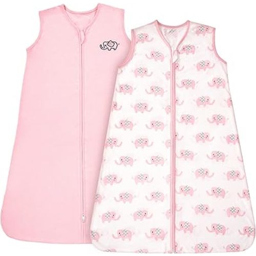 TILLYOU Newborn Sleep Sack 0-6 Months, 0.5 Tog Soft Lightweight Cotton Wearable Blanket for Baby with Double Zipper, 2 Pack, Pink Elephant