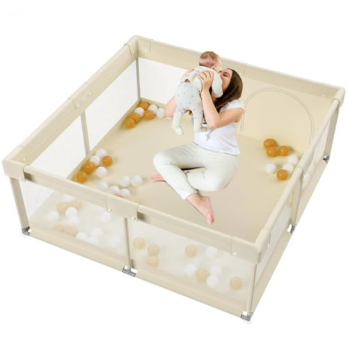 Fodoss Baby Playpen, Upgrade Playpen for Babies and Toddlers, 47x47x26inch Beige Play Pen for Babies with Hand Pulling Ring, Play Pen Center for Kids,Baby Fence,Baby Playards