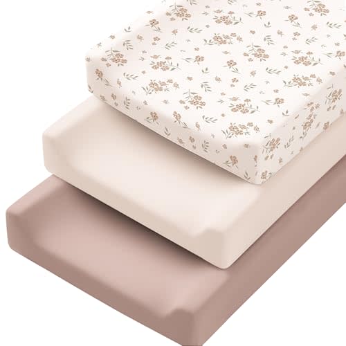 Konssy 3 Pack Stretchy Changing Pad Covers for Girl, Boy, Silky Soft Changing Table Cover, Breathable Baby Nursery Diaper Chang Pad Sheets (Blossom)