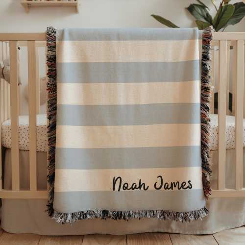 Baby boy blanket blue stripes with name, custom name nursery decor