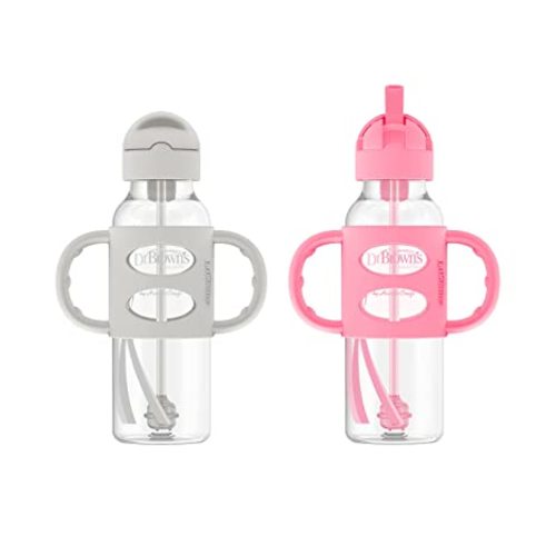 Dr. Brown's Milestones Narrow Sippy Straw Bottle, Spill-Proof with 100% Silicone Handles and Weighted Straw, 8 oz/250 mL, Gray & Pink, 6m+ - 2 Pack, Gray & Pink