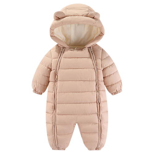 Odeerbi Infant Boys Girls Snowsuits Winter Thermal Puffer Jumpsuit Down Romper Infant Cute Hooded Bodysuit Plush Zipper Long Sleeve Onesie Infant Clothes Beige