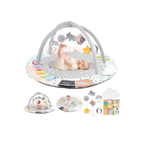 Baby Play Gym & Activity Mat, 4-in-1 Tummy Time Mat with Support Pillow, 7 Detachable Sensory Toys & Educational Cards for Motor Skills Development, Newborn Essentials Shower Gift, Grey Elephant