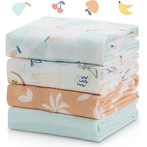 Momcozy Muslin Swaddle Blankets, Ultra Soft Neutral Registry Essentials, 47'' x 47'' Breathable Large Receiving Blanket, Newborn Essentials Must Haves, Baby Boys Girls Shower Gifts, Fruits Party