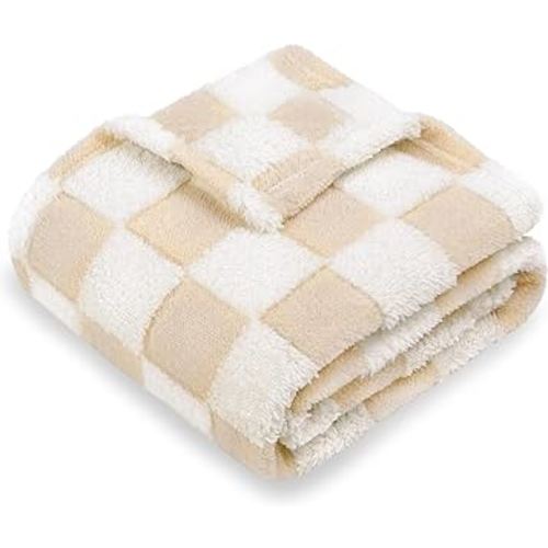 HOMRITAR Baby Blanket for Unisex Boys Girls Soft Cozy Reversible Checkerboard Toddlers Blanket, Fluffy Fuzzy Plush Lightweight Bed Blanket with Chessboard Grid Design 380GSM Khaki 30 x 40 Inch