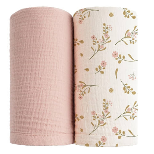Konssy Muslin Swaddle Blankets, 2 Pack Receiving Baby Blanket Large 47 x 47 inches, Soft Breathable Swaddling Wrap for Unisex Newborn (Pink, Floral)
