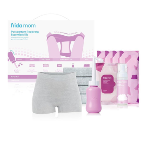 Frida Mom 11pc Postpartum Essentials Kit Gift Set, Hospital Bag Must Haves for New Mom, Includes 4 Disposable Postpartum Underwear, 4 Ice Maxi Pads, Perineal Healing Foam & 24 Pad Liners & Peri Bottle