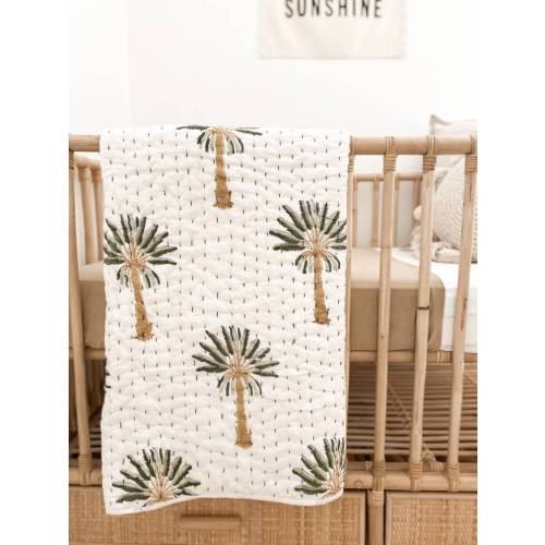 Palm Kantha Cot Baby Toddler Quilt Blanket Tropical coastal beach - 100 % Cotton
