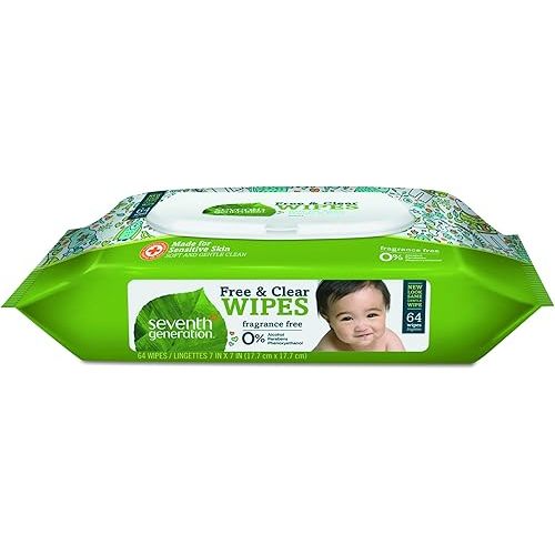 Seventh Generation 34208CT Free & Clear Baby Wipes, Unscented, White, 64 Wipes Per Pack (Case of 12 Packs)