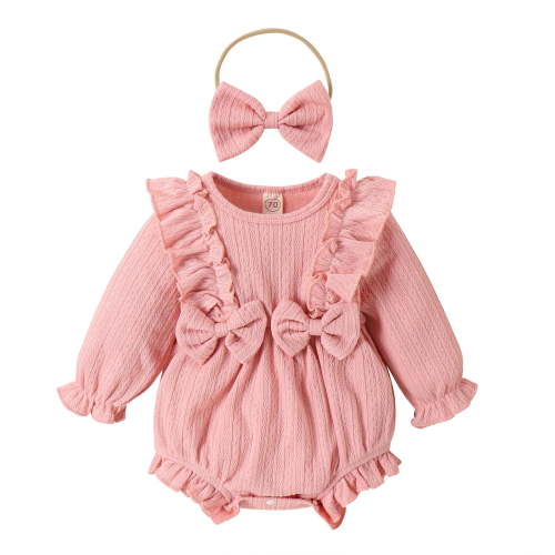 Infant Baby Girl Fall Winter Ruffled Bodysuit Sweater Romper + Headband Long Sleeve Warm Jumpsuit 0-18M