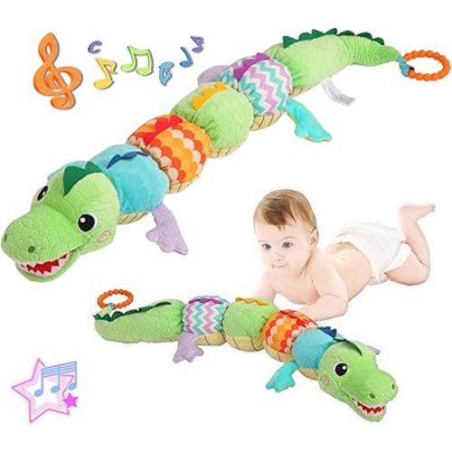 Baby Sensory Green Dinosaur Plush Musical Rattle Toy with Rustling Sounds for Infant 0-6 Months, Tummy Time Sensory Toys for 3-12 Month Old Newborn