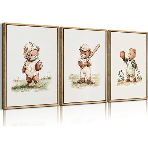 3Pcs Nursery Teddy Bear Canvas Wall Art Vintage Sports Bear Wall Decor Sports Boys'Room Artwork Prints Basketball Football Baseball Painting Pictures for Children's Room Boys' Room (16x24in poster)