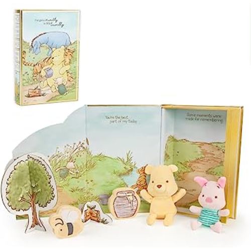KIDS PREFERRED Disney Baby Winnie The Pooh My First Story Time Playset Cute Stuffed Animal Pooh Bear and Piglet Plush Storybook Set for Infants, Babies, Toddlers and Kids