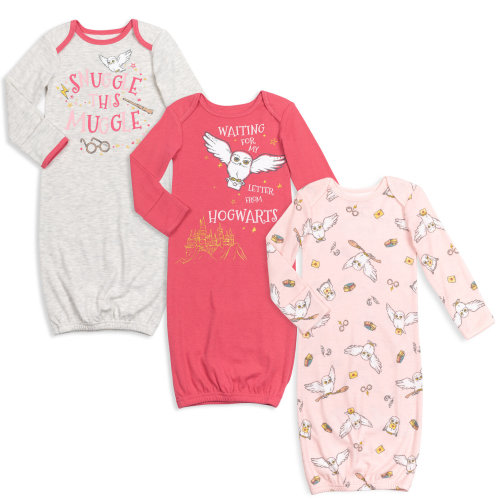 Harry Potter Hedwig Owl Newborn Baby Girls 3 Pack Sleeper Gown Red / Pink / Heather Grey 0-6 Months